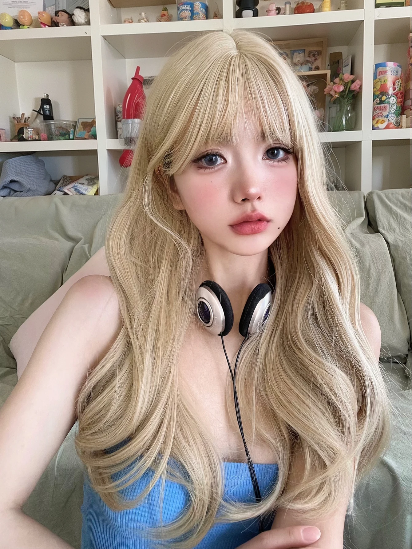 Wig sintetik gaya pirang Lolita 24 inci dengan poni Wig rambut berombak panjang alami untuk penggunaan sehari-hari wanita pesta Cosplay tahan panas