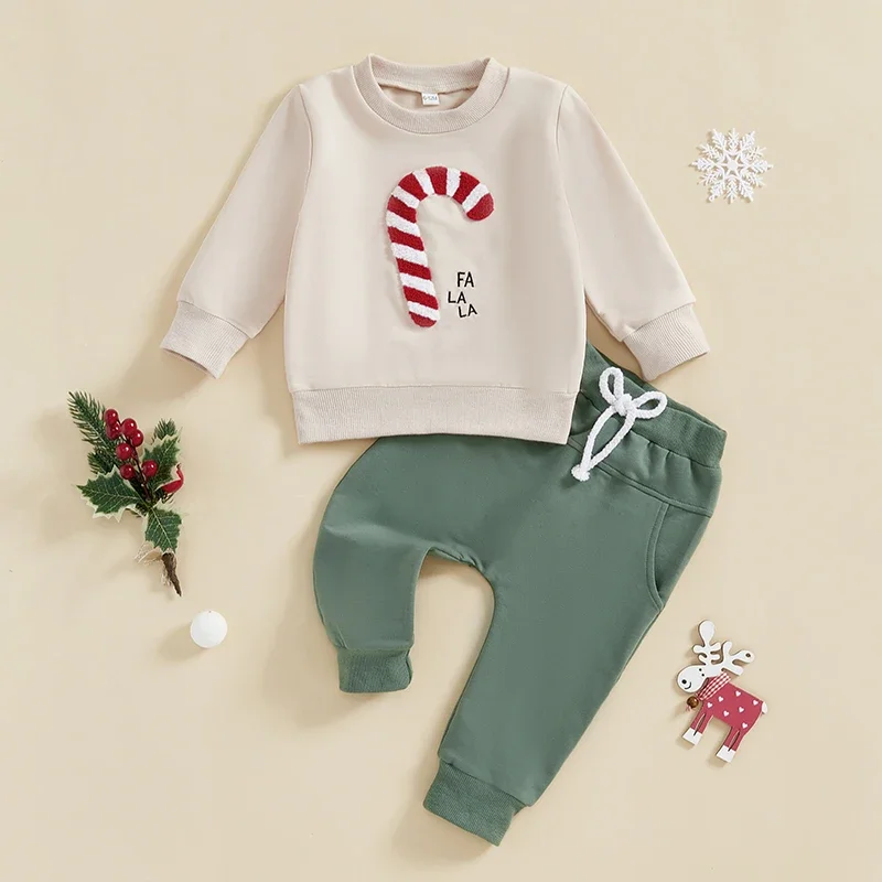 SUNSIOM 2Pcs Toddler Boys Christmas Pants Sets Long Sleeve Candy Cane Embroidery Sweatshirt Drawstring Pants Sets