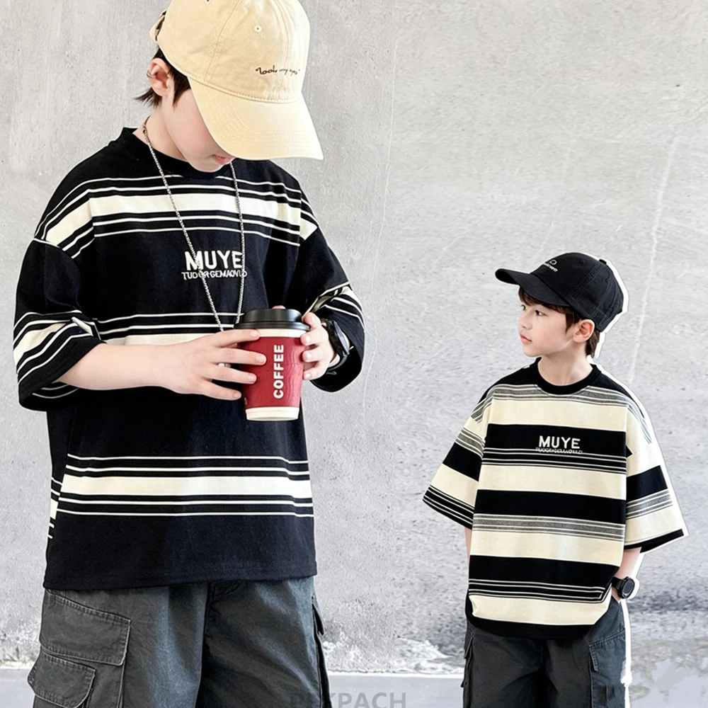 

Classic Designer Kids Summer Short Sleeve Wide Striped T-shirt for Tween Boys Casual Tee Tops Children School Cotton Tshirt