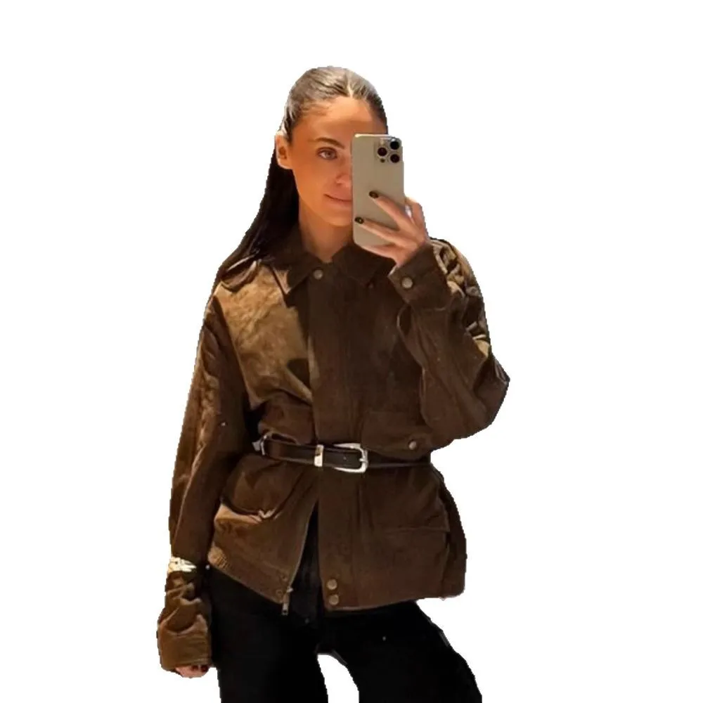 

high street zipper cardigan jacket women's new design brown lapel long-sleeved top