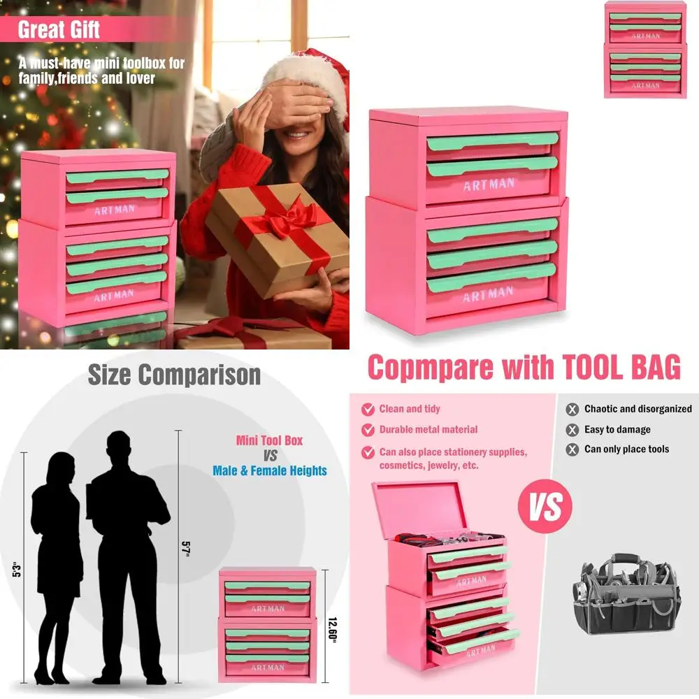 

Портативный металлический ящик для инструментов с выдвижными ящиками для стола и офиса, розовый и зеленый