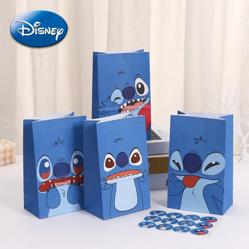 Disney Lilo and Stitch Paper Bag Cute Kawaii Cartoon Anime Figures Printed Kraft Paper Birthday Party Gift Pack Blue Food Bag