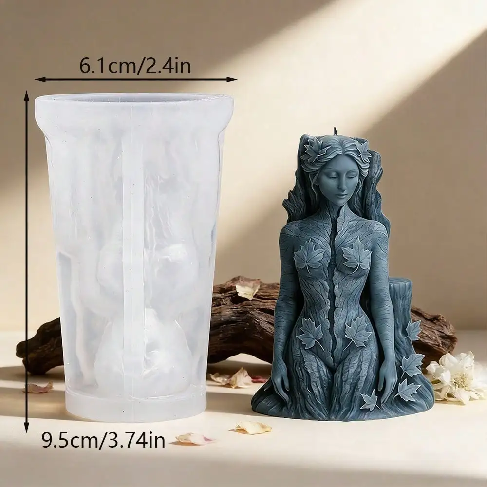 Forest Goddess Candle Silicone Mold Maple Leaf Tree Elf Gypsum Mould DIY 3D Long Hair Closed Eyes Girl Resin Shape Making Tool