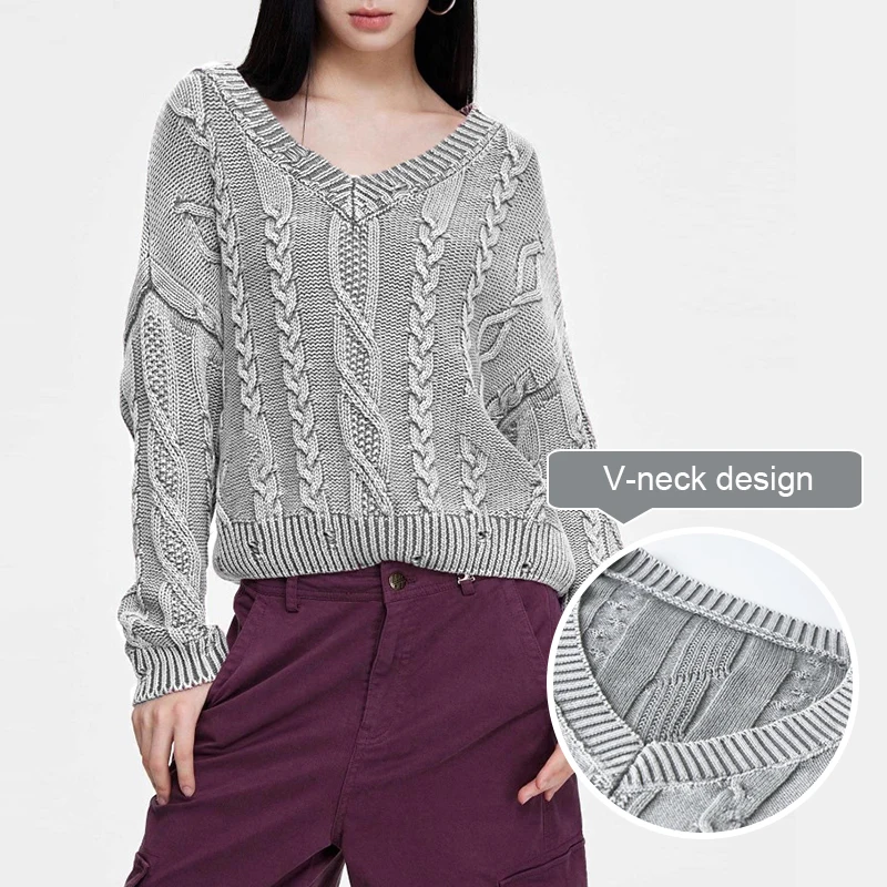 

New Style Autumn Winter Women's Cotton Sweaters Black Vintage V-Neck Dough Twists Sweater Distressed-look Loose Pullover