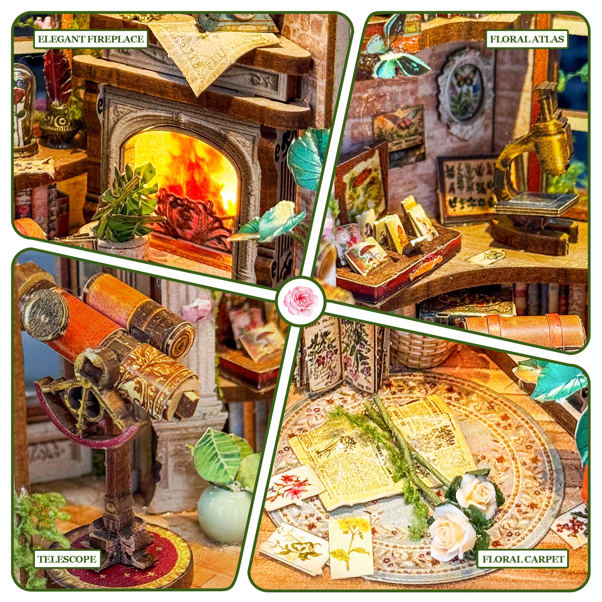 Diy de madeira dreamland floral estúdio livro nook prateleira inserção kit modelo em miniatura estante com luz estante para amigos presente