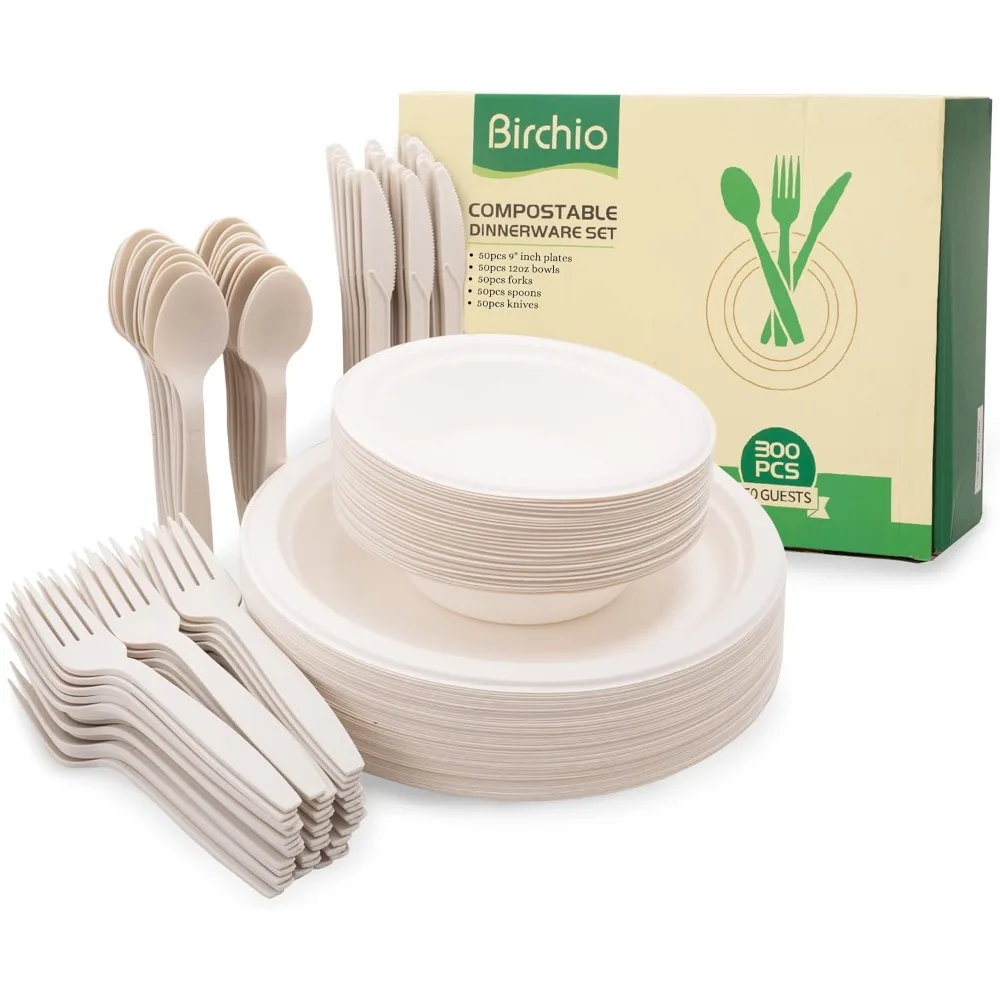 

250 Piece (50 Sets) Biodegradable Paper Plates Set (EXTRA LONG UTENSILS), Disposable Dinnerware Set, Eco Friendly Compostable