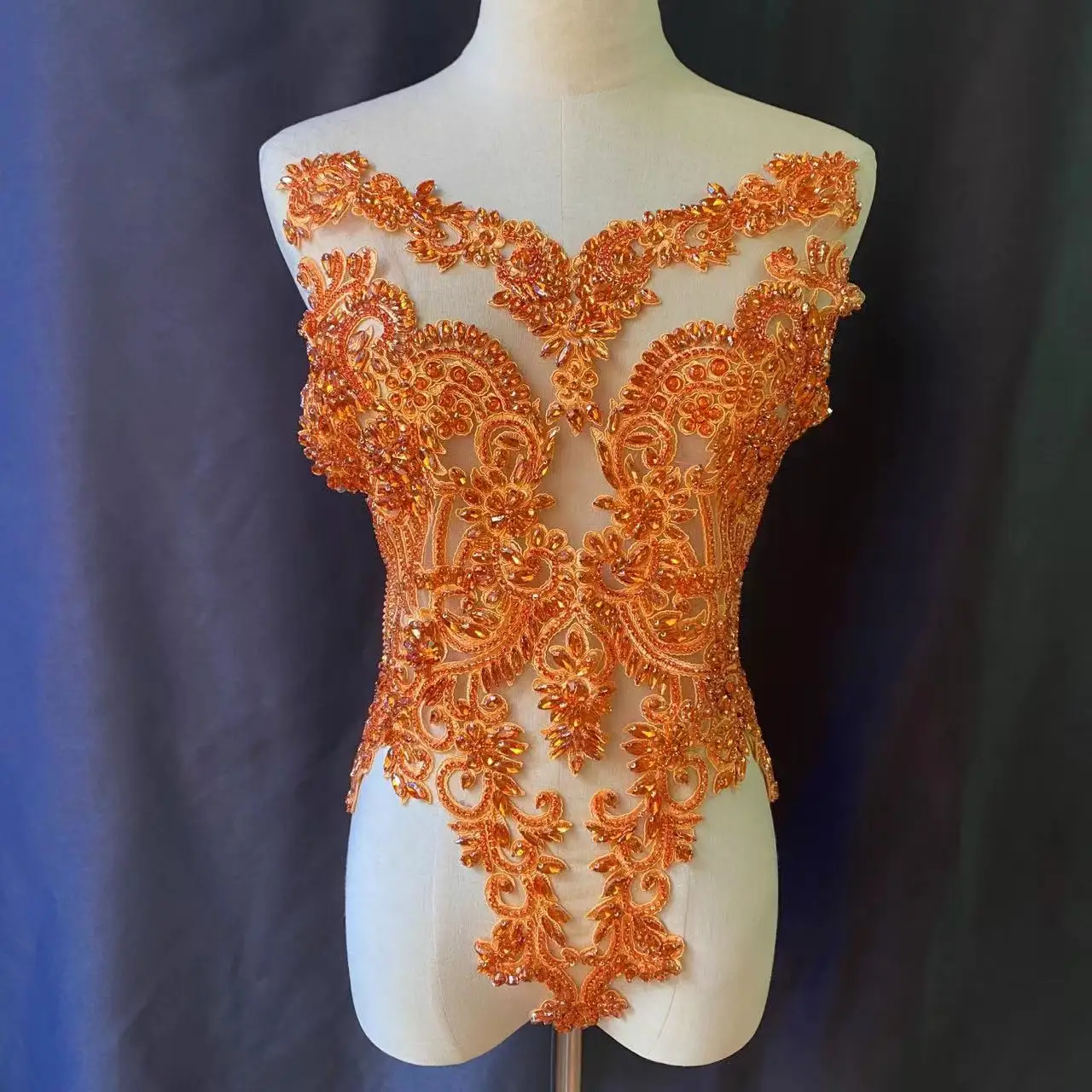 Large Orange French Bead Applique Sparkle Diamond Rhinestone Bodice Patch for Ball Gown,Wedding Dress,Couture,Costume Supplies