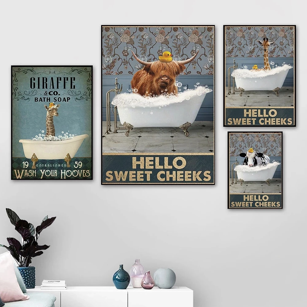 

Funny Bathroom Cattle Animals Bubble Bath Poster Canvas Giraffe Art Print Vintage Hello Sweet Cheeks Lovely Painting Home Decor