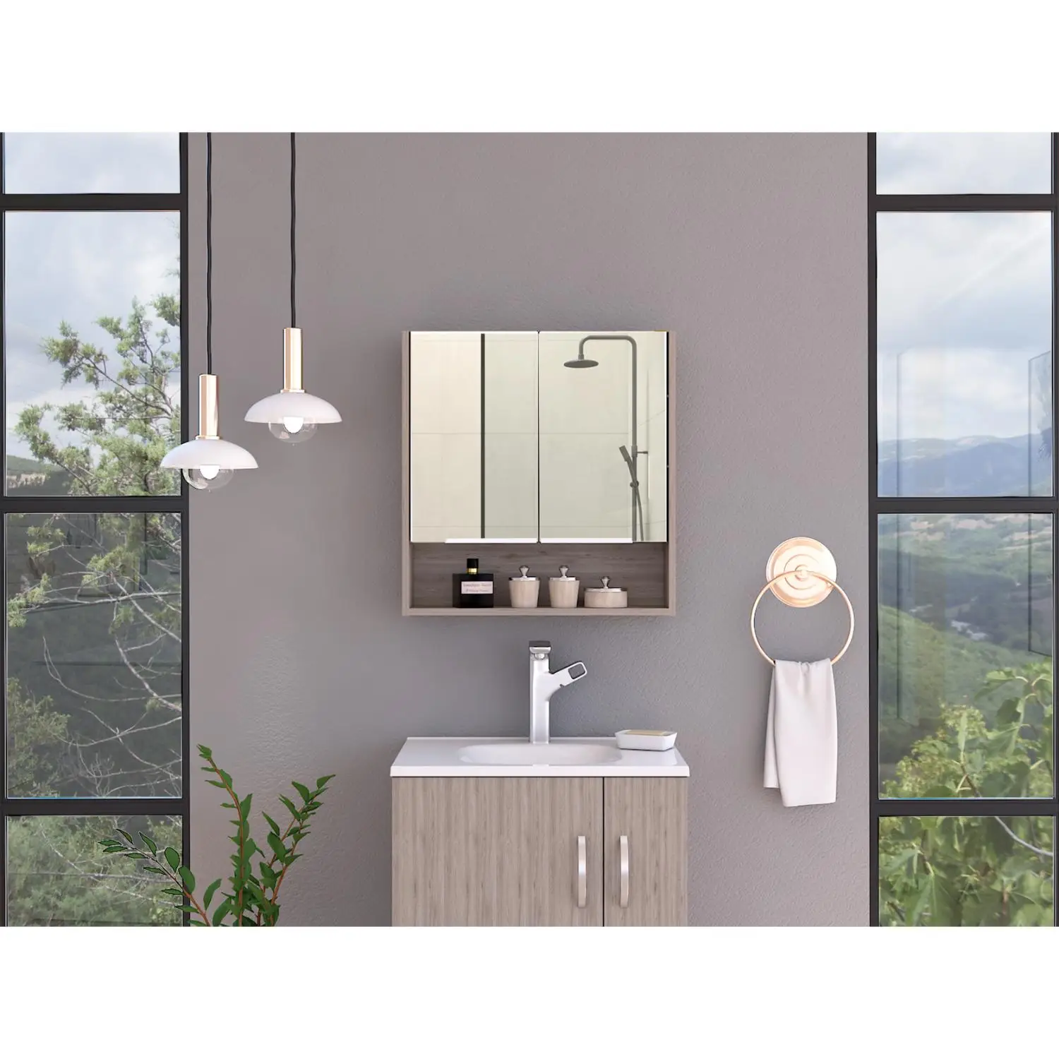 Jaspe Mirror Cabinet, Three Internal Shelves, One Open Shelf, Double Door Cabinet Light Gray