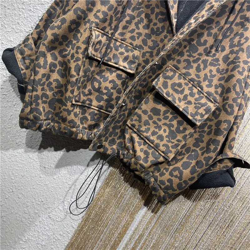 Thick Velvet Warm Jacket Women\'s 2024 Winter New Hooded Denim Leopard Print Loose Oversized Lamb Wool Jacket Women\'s Coats