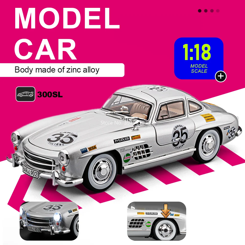 

1:18 300SL Vintage Cars Alloy Model Diecast Miniature Toy with Sound and Light Doors Opened Shock Absorption Car Boyfriend Gifts