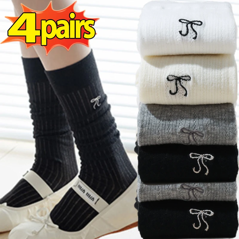 1/4pairs Women's Ballet Style Socks Girs Calf Summer Thin Korean Version Mesh Breathable Embroidered Bow Summer Medium Socks