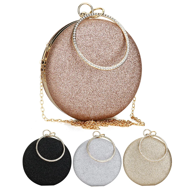 Glitter Sequins Round Women\'s Clutch Handbags Diamond Metal Circle Top Handle Wedding Evening Bag Box Shoulder Messenger Bags