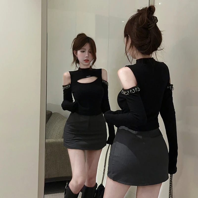 فاسق تي شيرتات طويلة الأكمام للنساء مثير الجوف خارج خارج الكتف المحاصيل القمم موضة الأمريكية كول الشارع الشهير Hotsweet الفتيات تيز