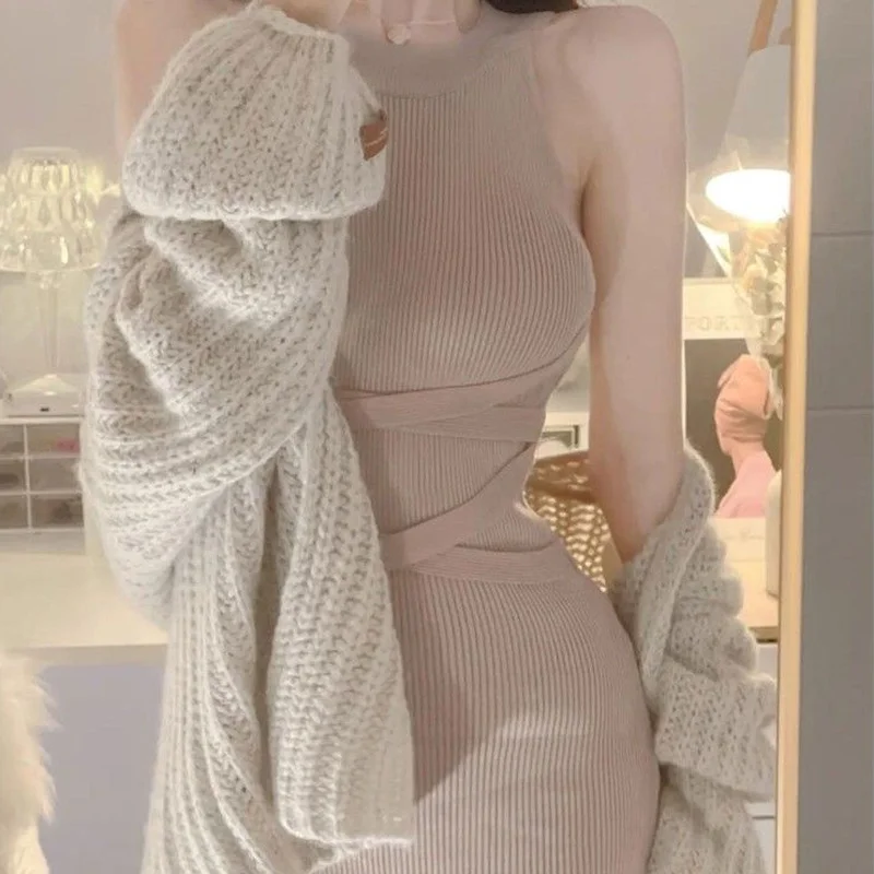 

Knitted 2 Piece Sets Women Loose Solid Elegant Sweater Sheath Knee-length Vestido All-match Stretchy Female Autumn Stylish Cozy