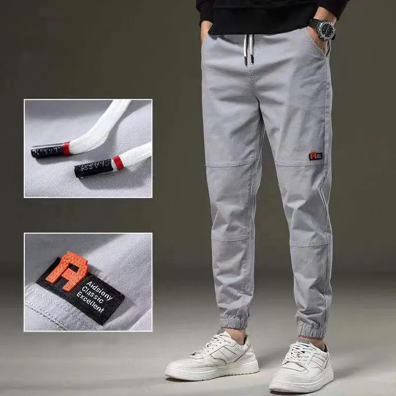 

High Street Trend Summer New Straight Pants Men Solid Elastic Waist Pocket Label Motion Casual Bound Feet Cargo Haren Trousers