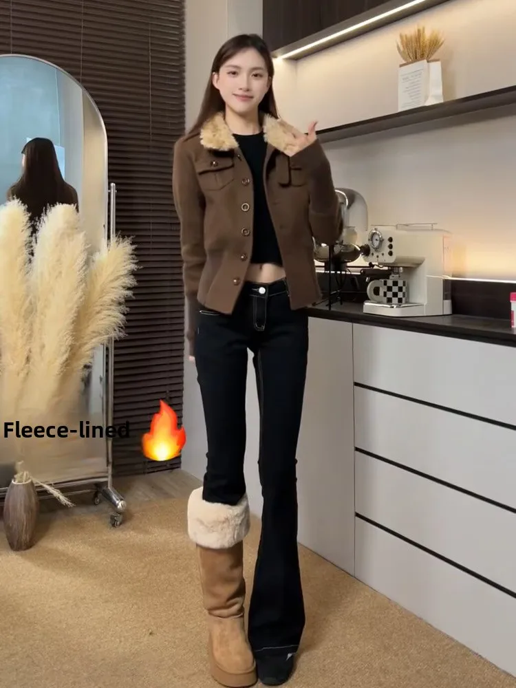 

Bla Fce Lined Slim Fit High Waist Bell Bot Jeans Women's Sle Cotton Stretch Denim Bootcut Long Trousers Autumn Faion