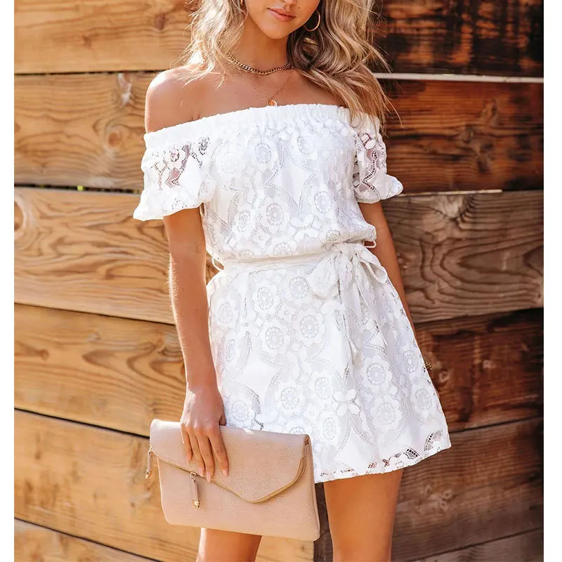 Trend Lace A-line Summer Dress Women Embroidered Short Sleeve Off-Neck Dresses Slash Collar Fitted High Waist Casual Dresses