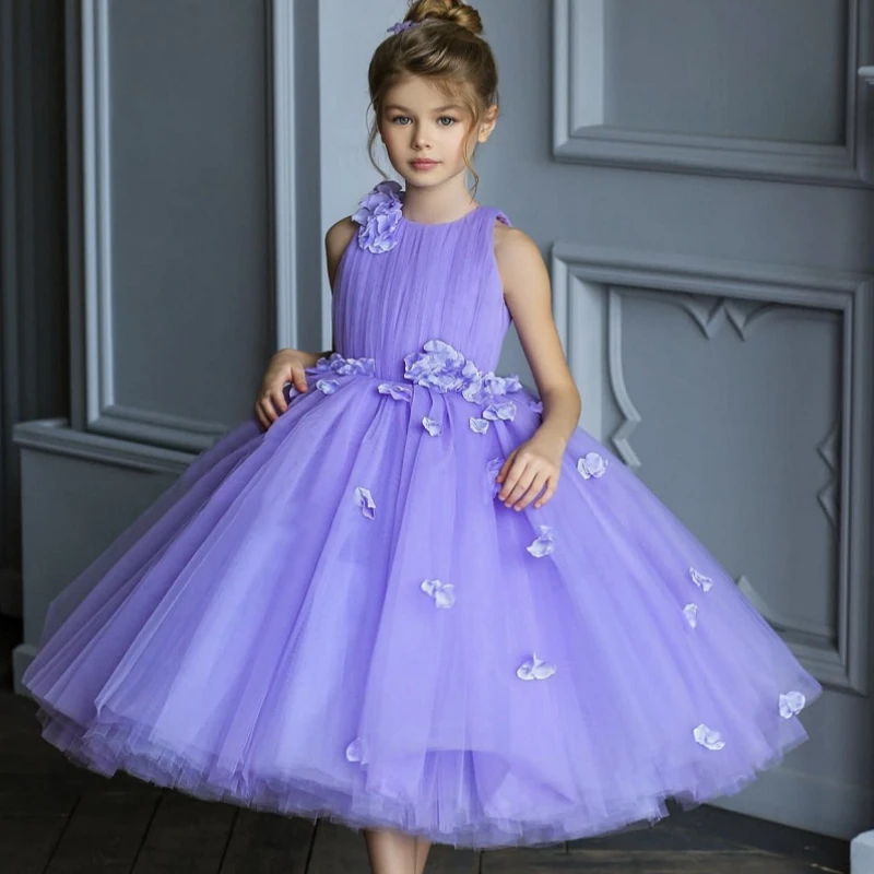 

Flower Girl Dresses Purple Tulle Puffy With Flowers And Petals Sleeveless For Wedding Birthday Party First Communion Gowns