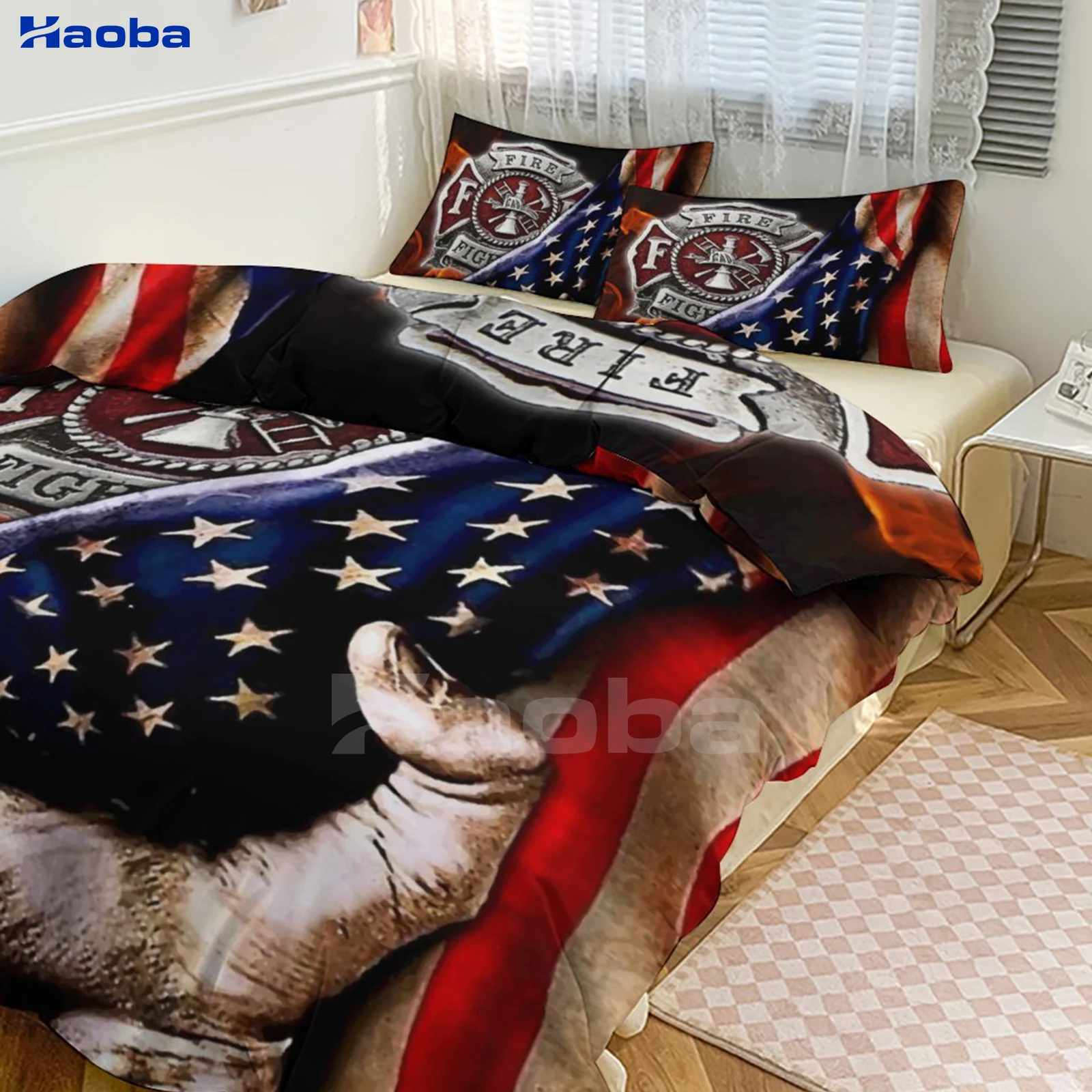 American USA Flag Fire Brigade Three Piece Bedding Set Children or Adults for Beds Quilt Covers Birthday Gifts for Women Men