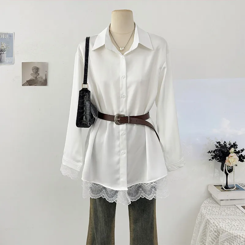 Женская блузка с кружевными вставками и отложным воротником, модная, элегантная, на пуговицах, с длинным рукавом, с поясом, универсальный топ