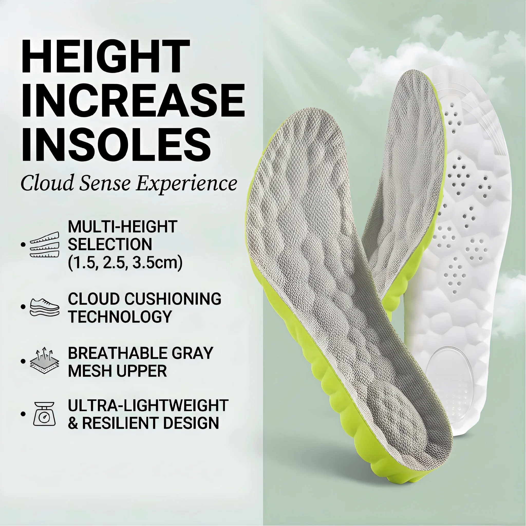 

Ультралегкие мягкие стельки для увеличения роста 1.5/2.5/3.5 см, влагоотводящие, дышащие, амортизирующие для мужчин и женщин