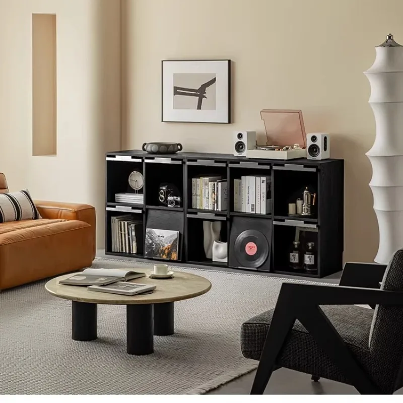 

Solid wood floor-to-ceiling black bookcase living room sofa side cabinet entrance