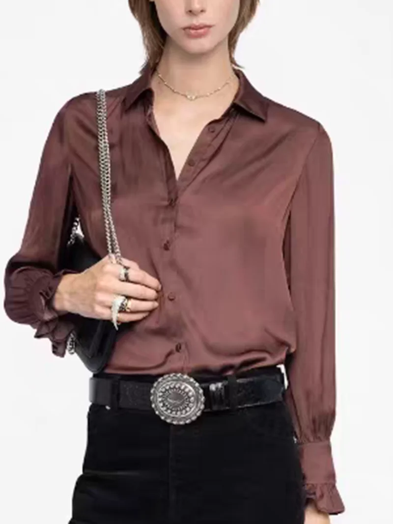 

Новая удобная женская рубашка винно-красного цвета с длинными рукавами для поездок на работу, элегантный женский топ на осень 2025 года.