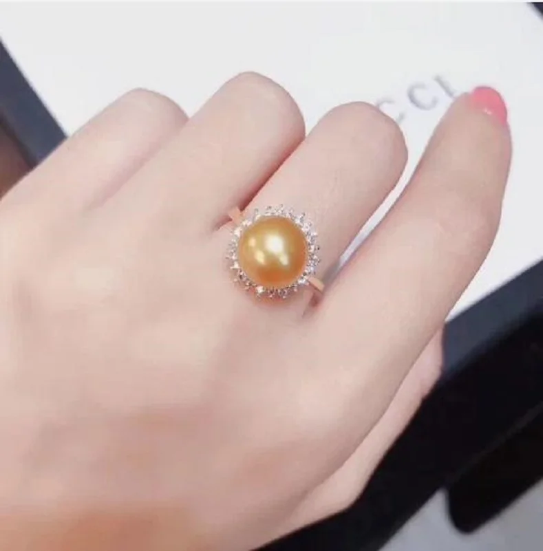New Natural AAAA 9-10mm Genuine South Sea Golden Stud Pearl Ring Adjustable