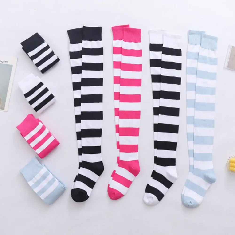 1 Pair Multicolor Stripe Stockings Thigh High Knitted Cotton Thigh High Socks Cosplay Prevent Odor Over The Knee Socks