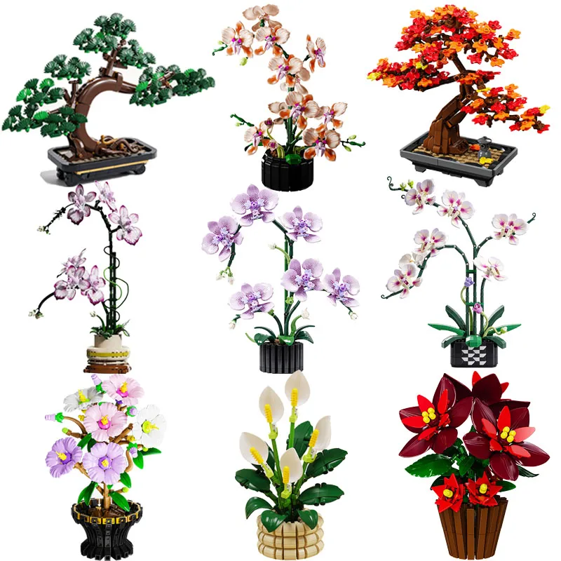 Creative Bonsai Tree Orchid Flower Artificial Plant Model Building Blocks DIY Botanical Collection Home Decor Toy Gift For Women