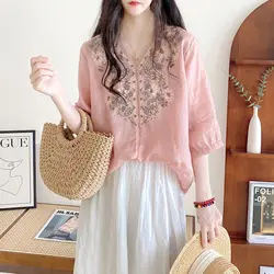 New Korean Version Shirt for Women's Summer Commuting Artistic Loose V-neck Pullover Embroidered Mid Sleeve Doll Top