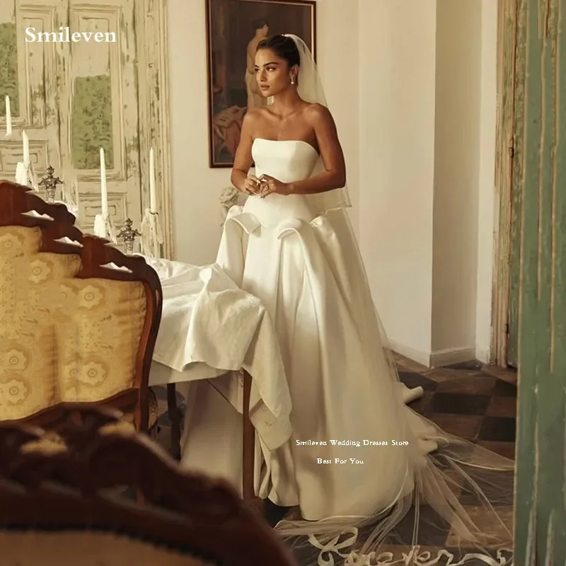 

Smileven новейший стиль со складками без рукавов для свадебной невесты Dtrsses трапециевидной формы без бретелек атласные свадебные платья 2026 по индивидуальному заказу