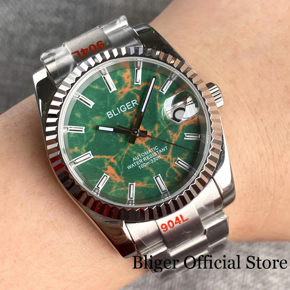 BLIGER NH35A Men Watch 36mm 39mm Automatic Polish Case Fluted Bezel Blue Green Dial Sapphire Glass Steel Strap Glide Lock