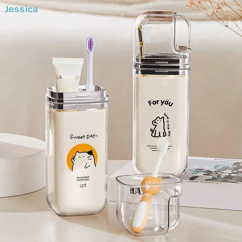 〔S〕Portable Travel Toothbrush Cup Cartoon Pattern Transparent Toothpaste Storage Box,Outdoor Camping Wash Cup Toiletry Organizer