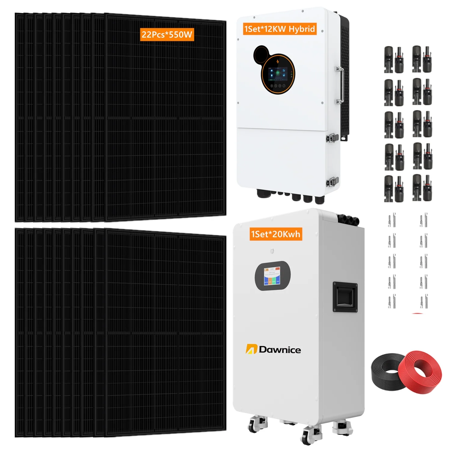 12KW Hybrid Solar Power System Complete Kit with 22PCS*550W Solar Panel 1Sets*48V 12KW Hybrid Inverter 3Sets*10kwh Battery