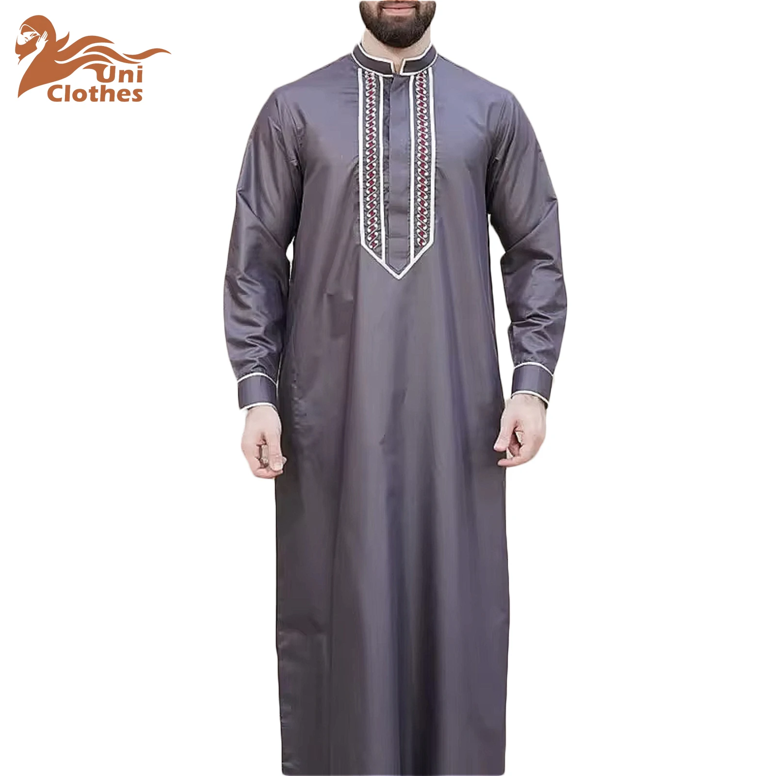 UNI Pria Muslim Baru Bordir Tangan Formal Mewah Lengan Panjang Kerah Berdiri Abaya Thobe Gaya Arab Saudi Gamis Pria Islami
