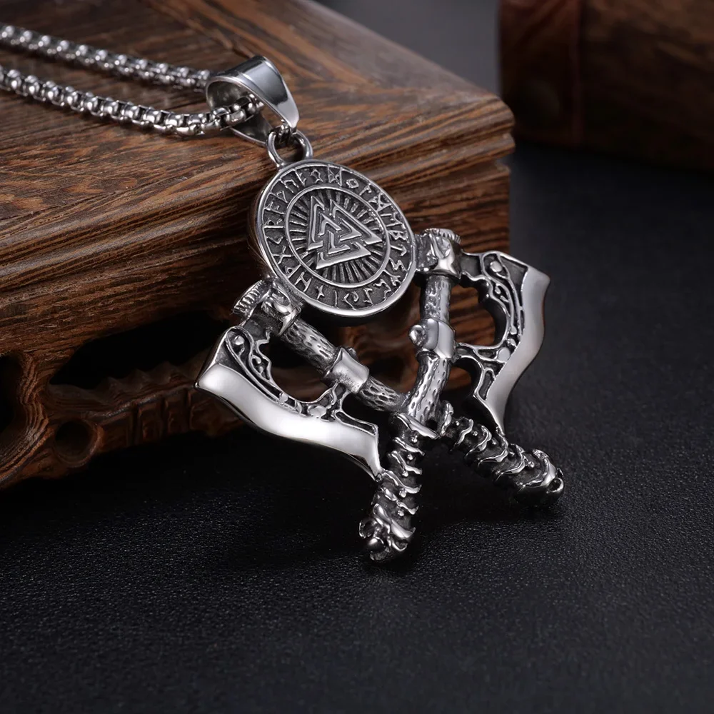 DARHSEN Male Men Northern Europe Viking Battle Axe Necklaces Pendants Stainless Steel Chain Party Gift Fashion Jewelry