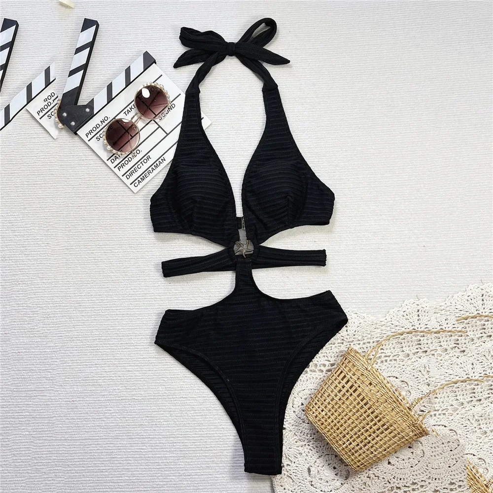 2025 สีดํา Halter Backless ชุดว่ายน้ําเซ็กซี่ผู้หญิง One Piece Hollow Out Monokini โลหะ Star เครื่องประดับ Solid ชุดว่ายน้ํา Bather Beachwear