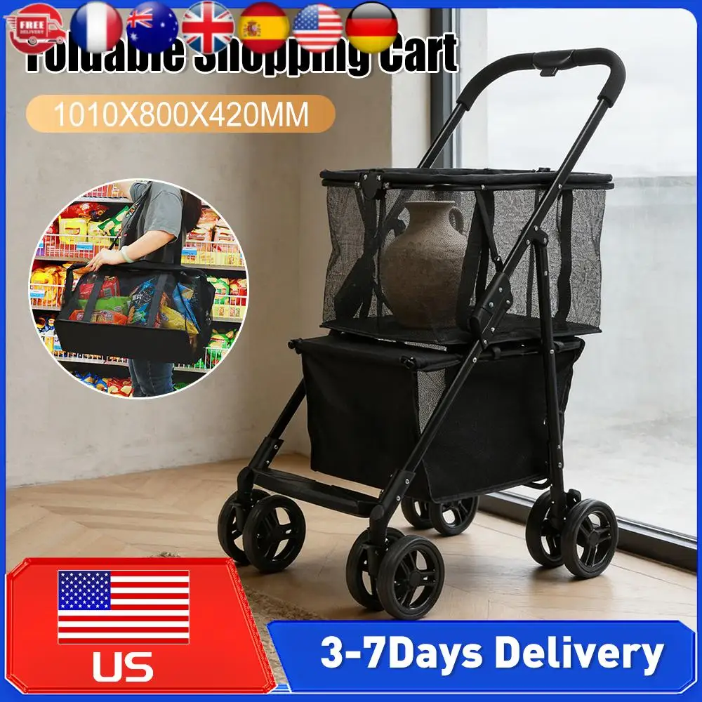 

Folding Shopping Cart Collapsible Grocery Cart with Wheel Removable Basket Multifunction Folding Cart for Camping Picnic Laundry