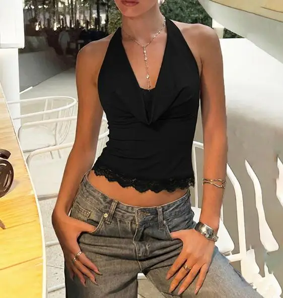 

2025 Winter Lace Patchwork Swing Neck Camisole Top with Slimming Design