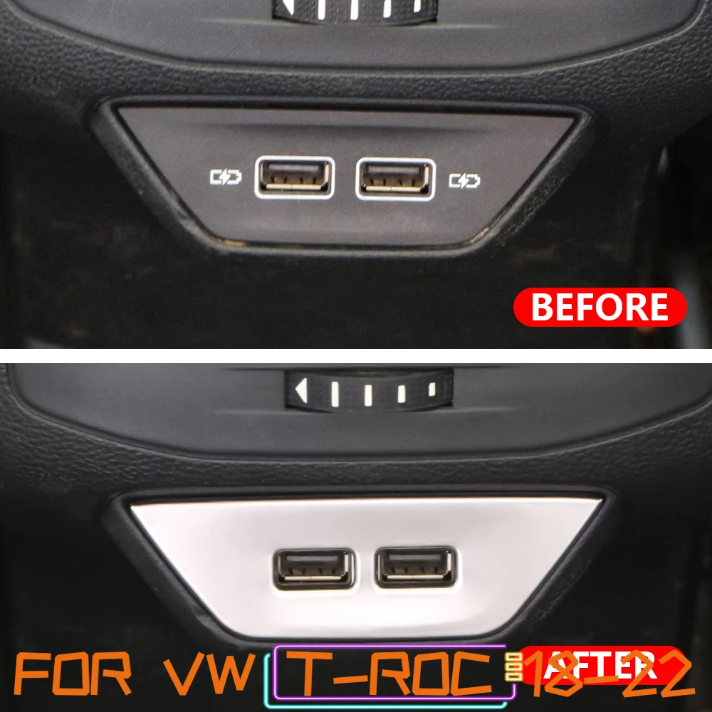 غطاء لوحة USB خلفي للسيارة من الفولاذ المقاوم للصدأ ، ملصقات زينة خلفي مزينة بترتر USB ، ملحقات Volkswagen VW T-Roc Troc 2017 - 2023