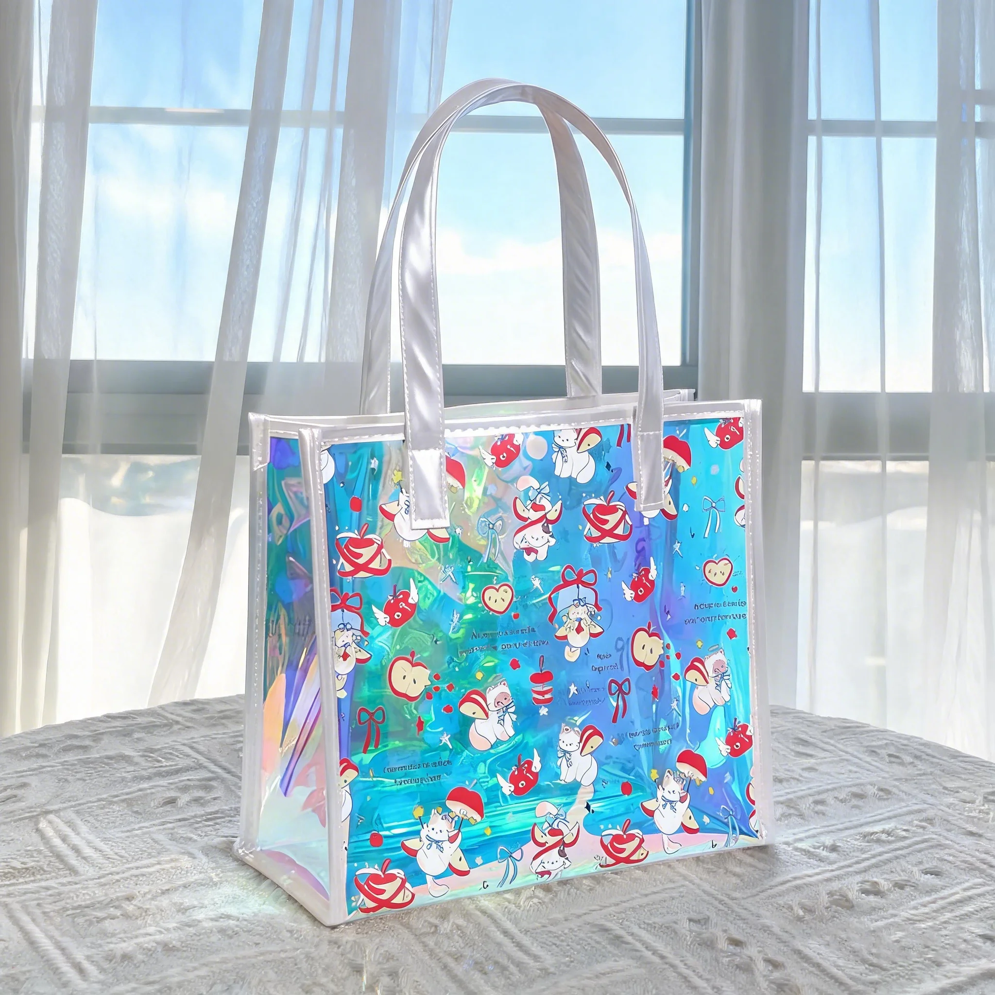 Women Bags Lv - 大容量透明TPUトートバッグ 女性用 防水ホログラフィックショルダーハンドバッグ かわいい漫画プリント ビーチショッピング旅行用