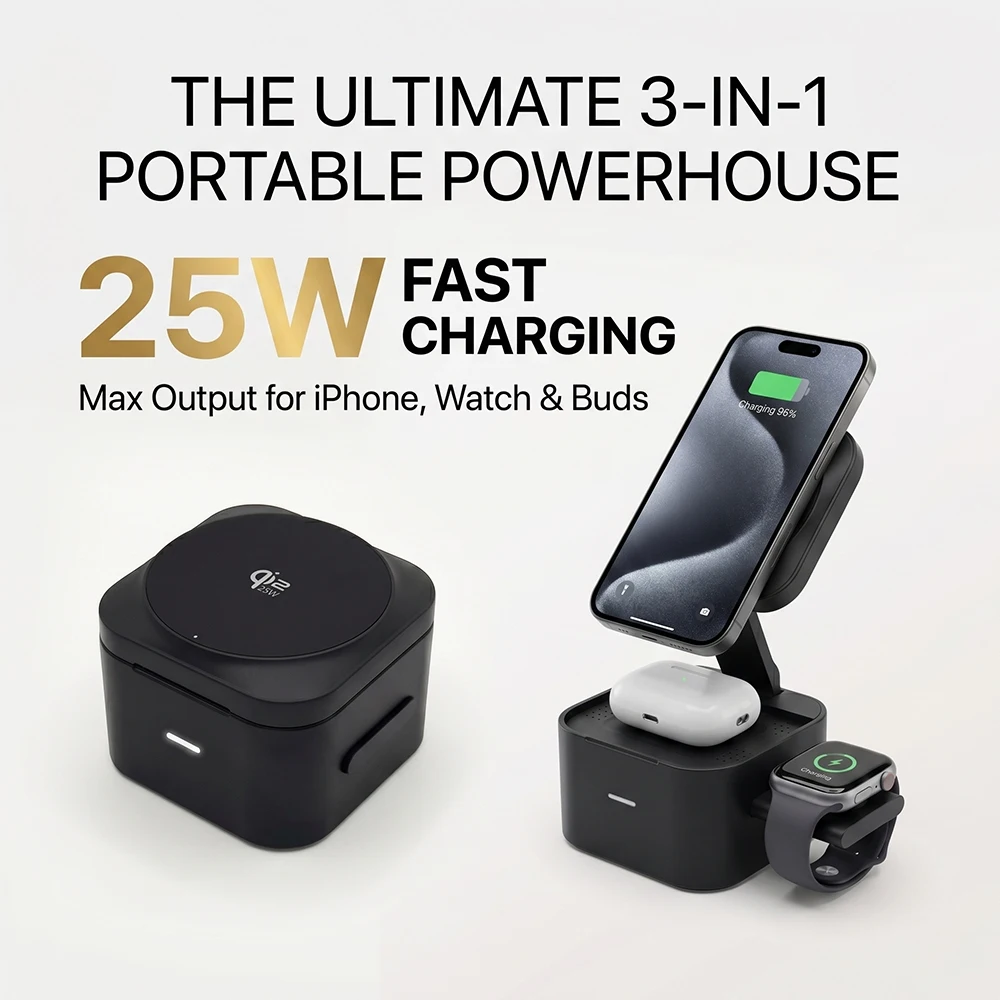 Qi2.2 3in1 Magnetic Wireless Charger Compatible with MagSafe 25W Fast Charging Foldable Stand Base Dock for Apple iPhone 18 17