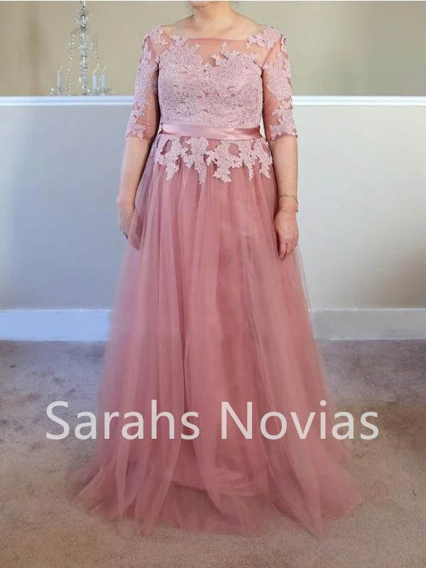 Dusty Pink A-line Tulle Mother Of The Bride Dresses Wedding Party Gown Half Sleeves Lace Women Formal Wear For Wedding Long