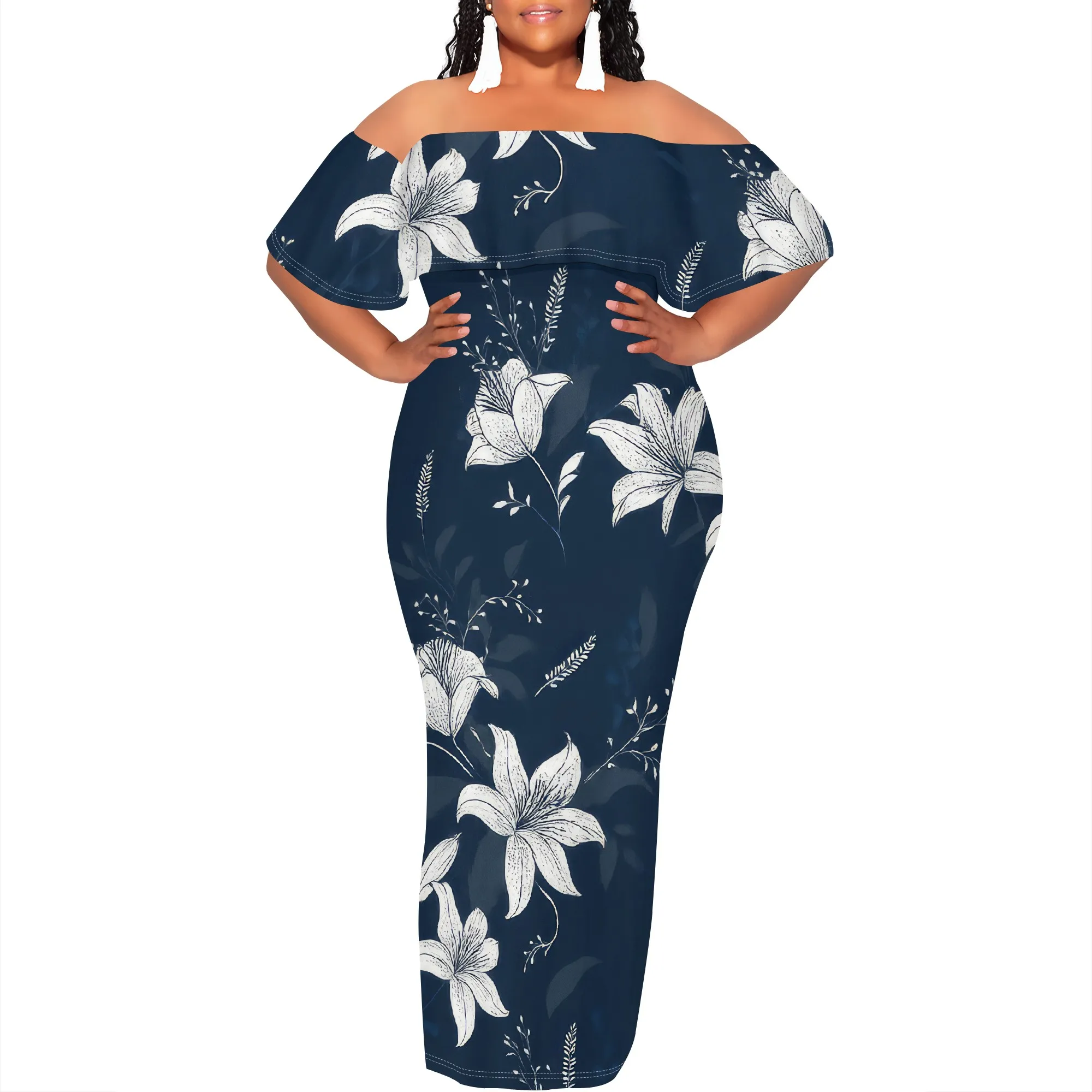 ผู้หญิงปิดไหล่ชุดเซ็กซี่ฮาวายดอกไม้พิมพ์ยาวปาร์ตี้ความยาว Maxi Dress ฤดูร้อนชุดลําลองชายหาด