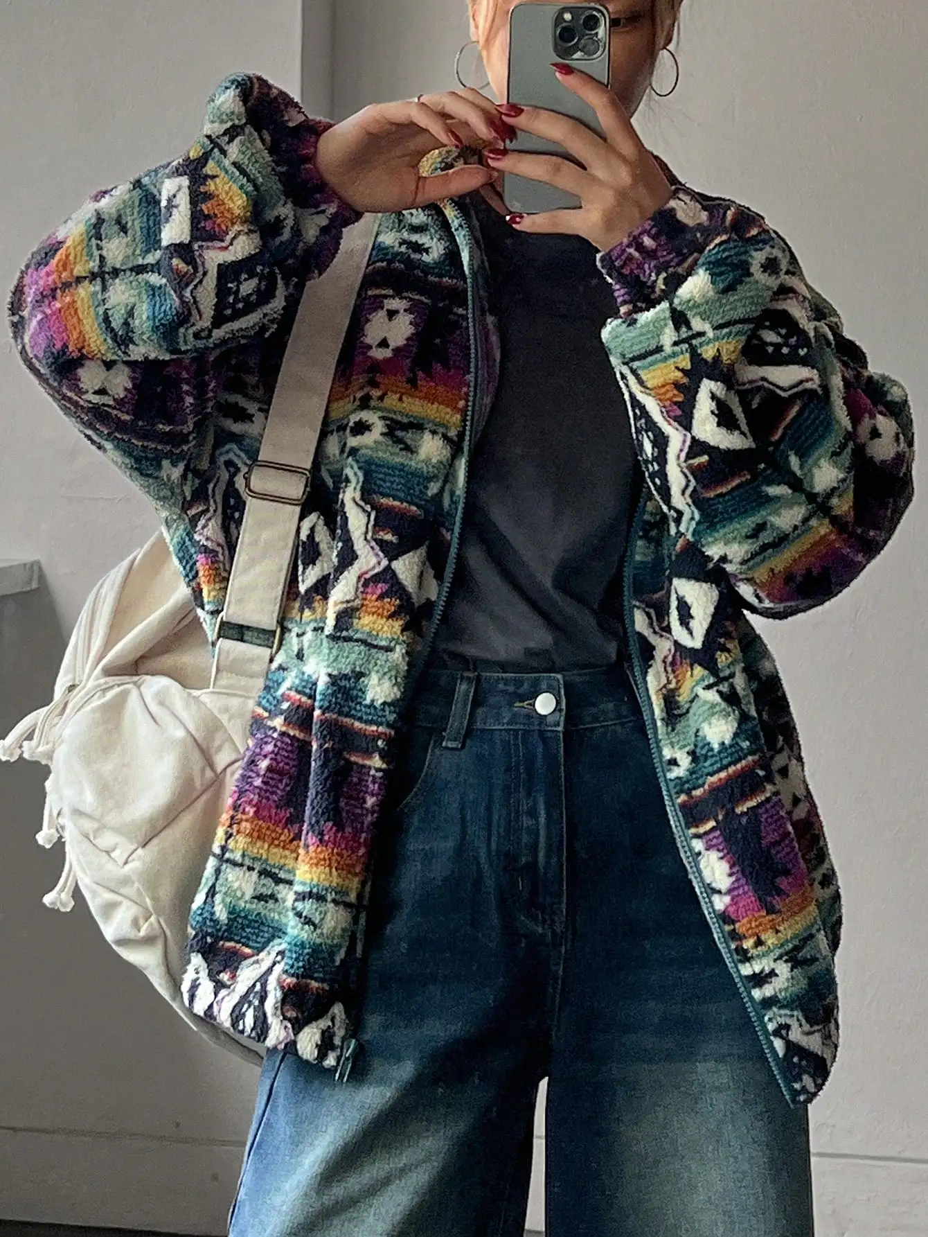 

Женская куртка на молнии с принтом в стиле бохо, свободного кроя, осенняя верхняя одежда с этническим узором