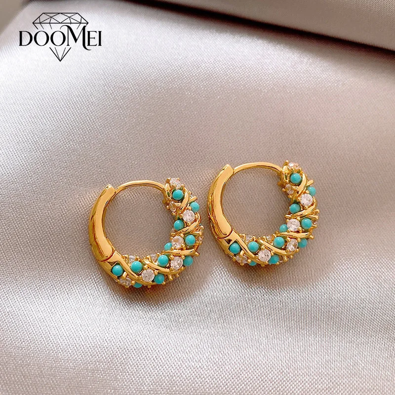 DOO MEI 18K Gold Plated Turquoise Resin and Zircon Inlay Twist Hoop Ear Buckles for Women Daily Holiday Party Wear
