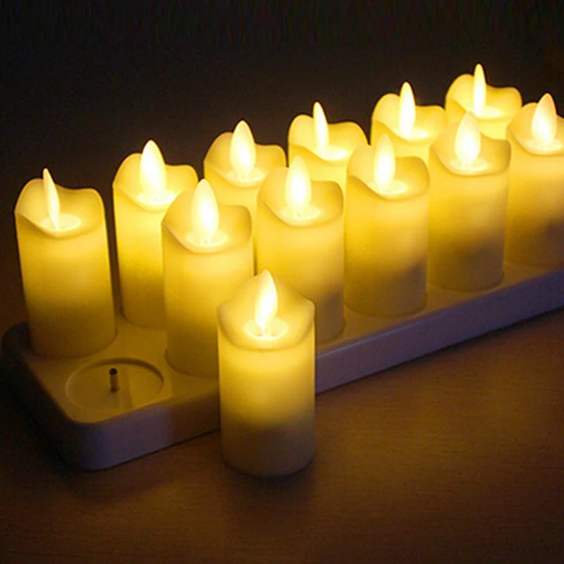 12Pcs Rechargeable Flameless Candles Realistic Warm LED Cordless Candles Candle Lights with Flickering Flame-EU PLUG