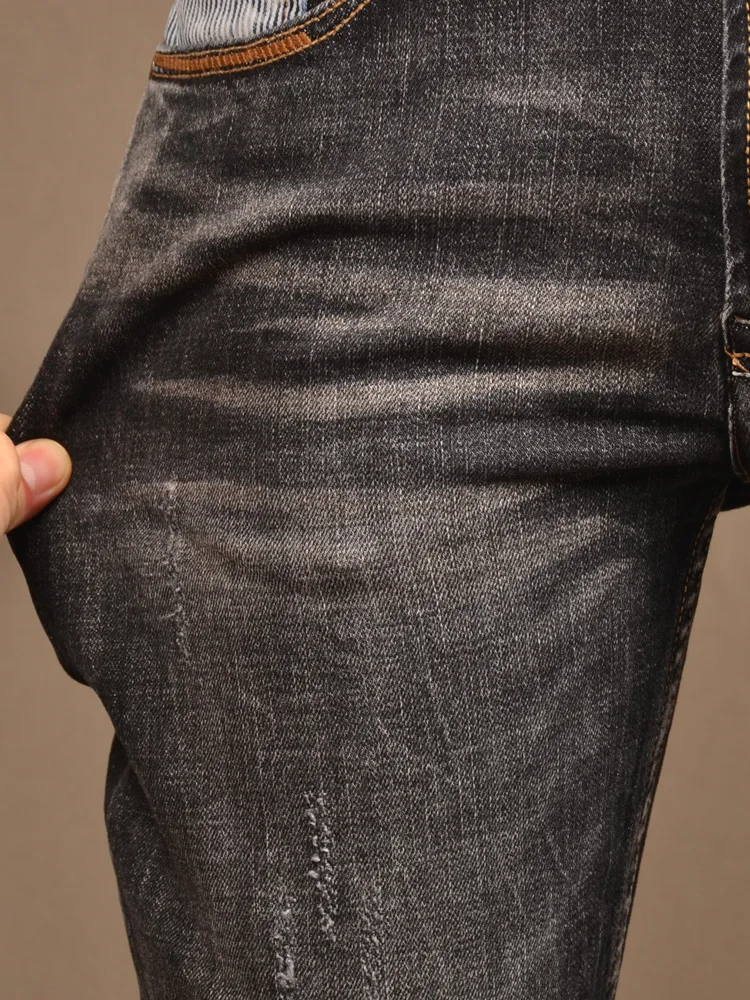 2024 New Spring Street Retro Black Jeans Men's Handsome Stretch Slim High-End Distressed Casual Trousers